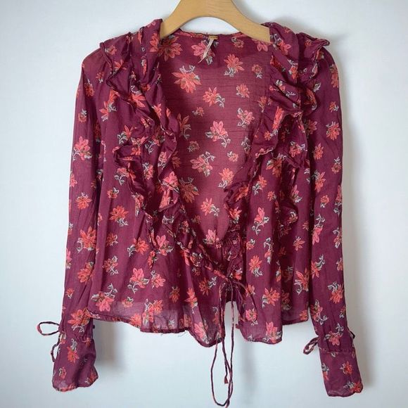 FREE PEOPLE AMANDA RUFFLE LONG SLEEVE TOP PINK SIZE S - Picture 2 of 12